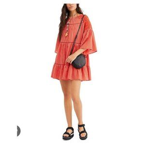 Free People Lola Dress Womens Large Red Striped Embroidered Boho Peasant Tunic